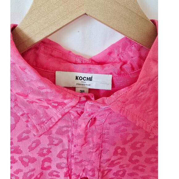 Koché  Pink Leopard Peplum Blouse Size 38(M) Button Down Asymmetrical Hem - Picture 5 of 5